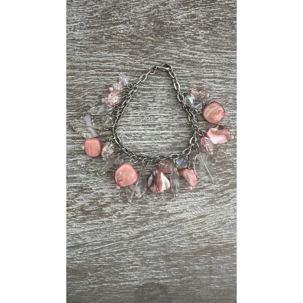 Vintage Crystal Beaded Dangle Charm Bracelet Multicolor Pink Glass Silver